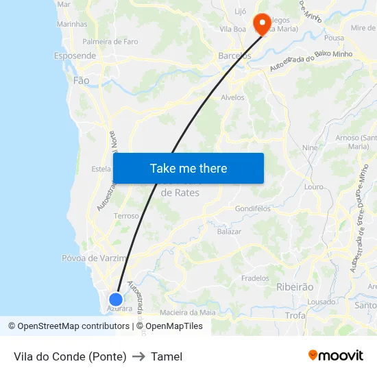 Vila do Conde (Ponte) to Tamel map