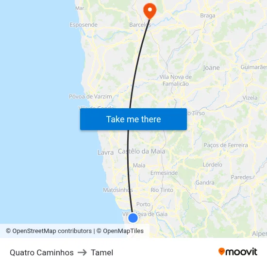 Quatro Caminhos to Tamel map