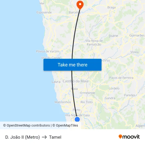 D. João II (Metro) to Tamel map