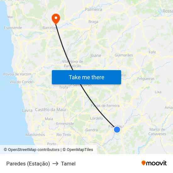 Paredes (Estação) to Tamel map