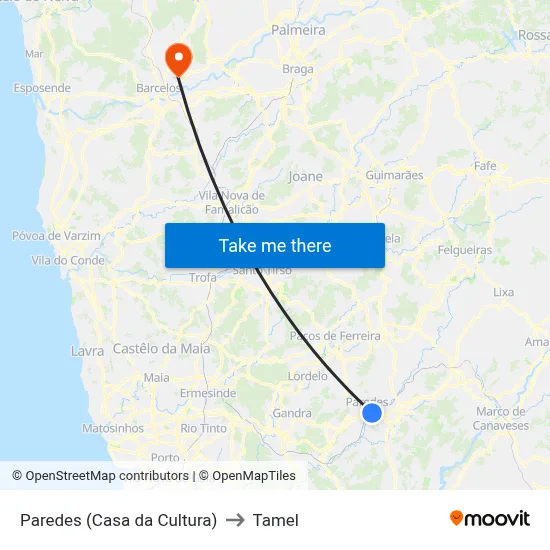 Paredes (Casa da Cultura) to Tamel map
