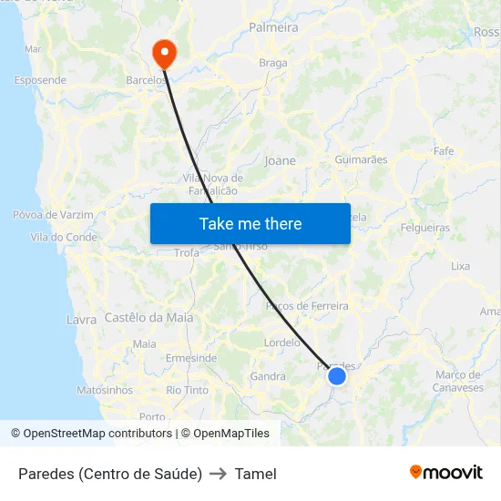 Paredes (Centro de Saúde) to Tamel map