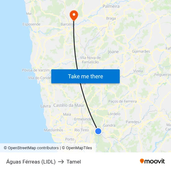 Águas Férreas (LIDL) to Tamel map