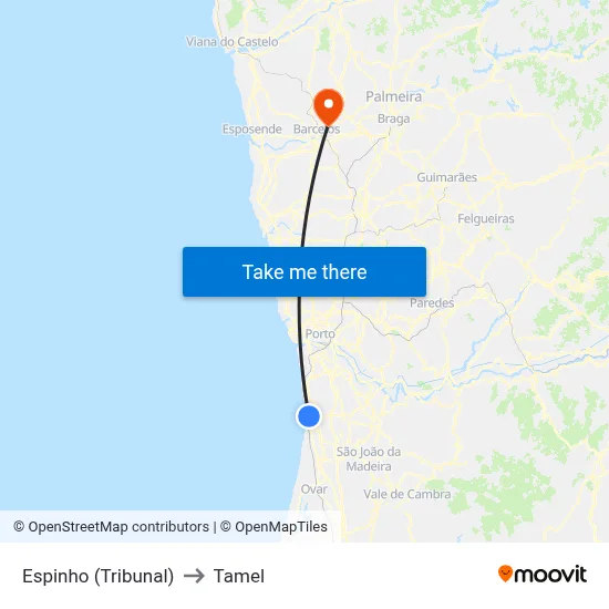 Espinho (Tribunal) to Tamel map