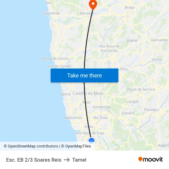 Esc. EB 2/3 Soares Reis to Tamel map
