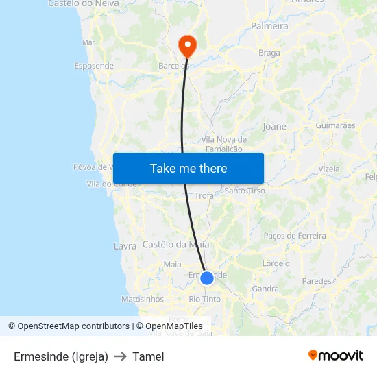 Ermesinde (Igreja) to Tamel map
