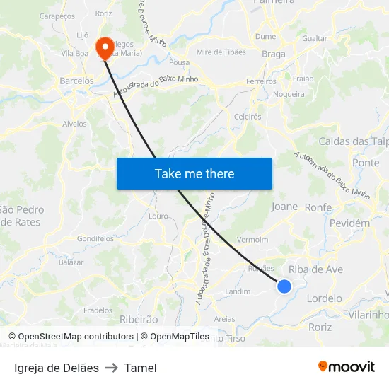 Igreja de Delães to Tamel map