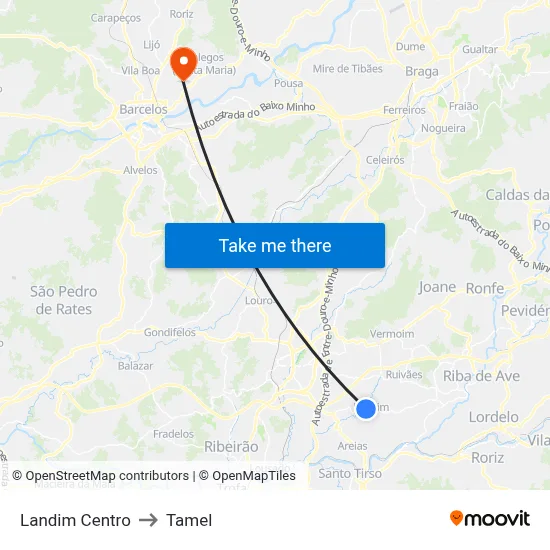 Landim Centro to Tamel map