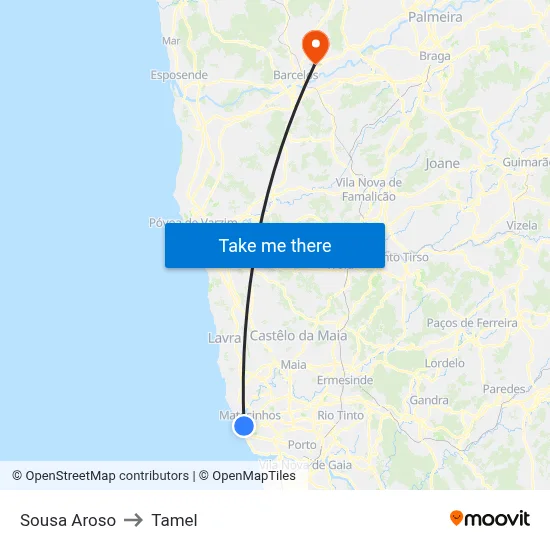 Sousa Aroso to Tamel map