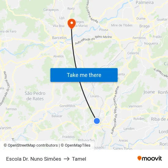 Escola Dr. Nuno Simões to Tamel map