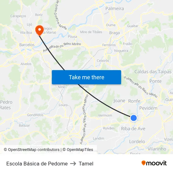 Escola Básica de Pedome to Tamel map