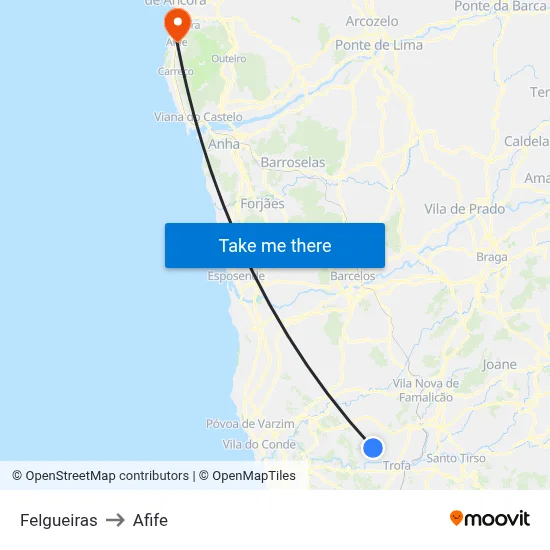 Felgueiras to Afife map