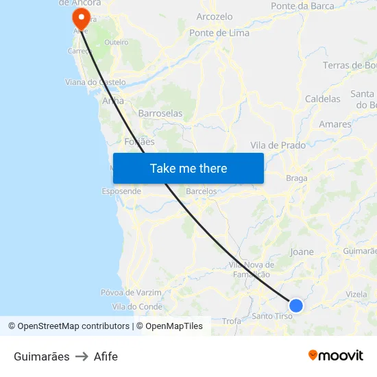 Guimarães to Afife map