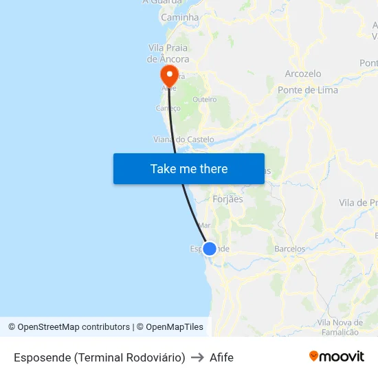 Esposende (Terminal Rodoviário) to Afife map