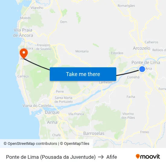 Ponte de Lima (Pousada da Juventude) to Afife map
