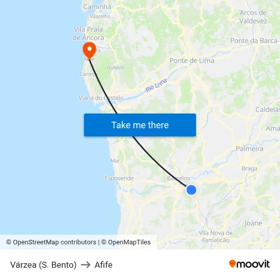 Várzea (S. Bento) to Afife map
