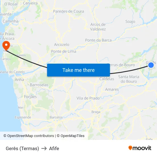 Gerês (Termas) to Afife map