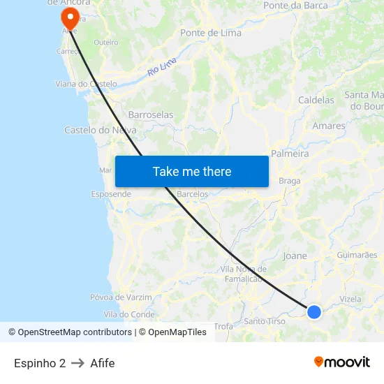 Espinho 2 to Afife map