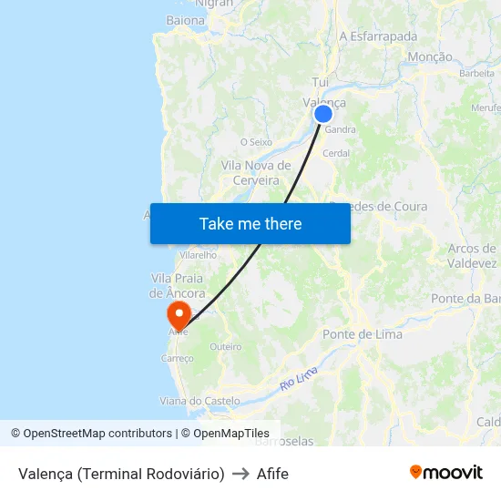 Valença (Terminal Rodoviário) to Afife map