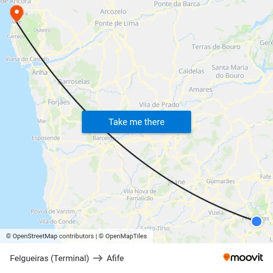 Felgueiras (Terminal) to Afife map