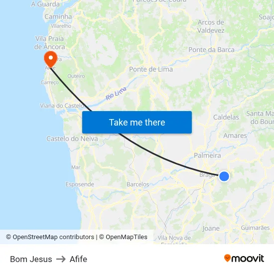 Bom Jesus to Afife map
