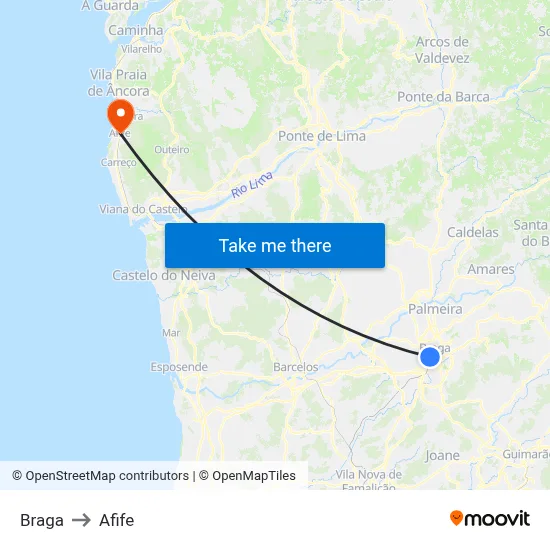 Braga to Afife map