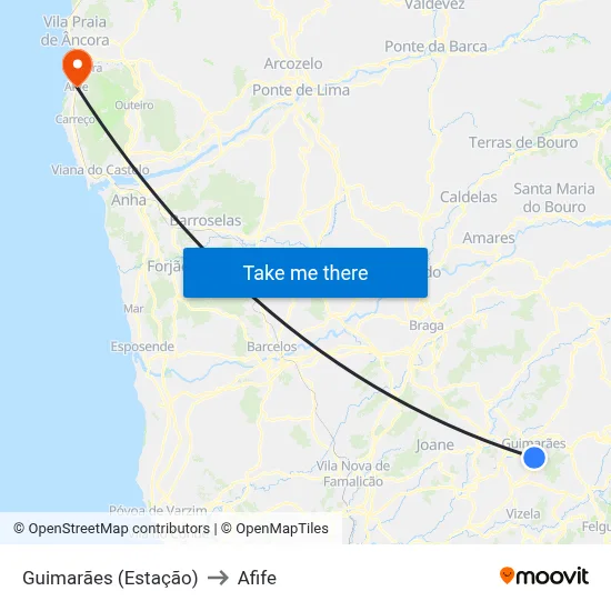 Guimarães (Estação) to Afife map