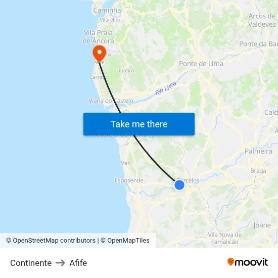 Continente to Afife map