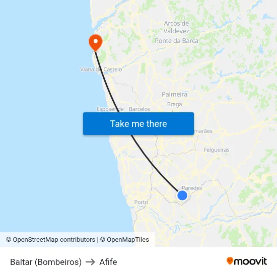 Baltar (Bombeiros) to Afife map