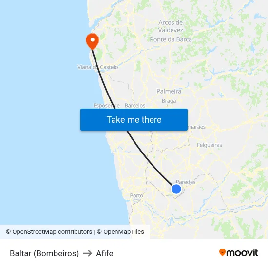 Baltar (Bombeiros) to Afife map