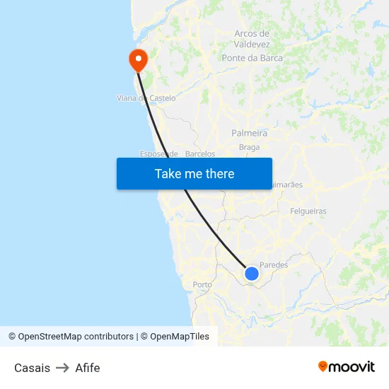 Casais to Afife map