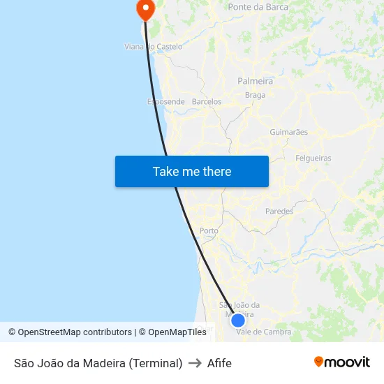 São João da Madeira (Terminal) to Afife map