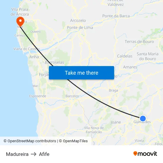 Madureira to Afife map