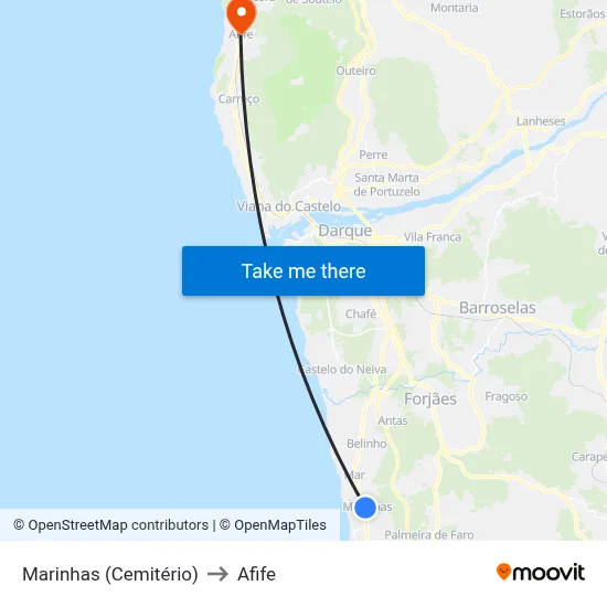 Marinhas (Cemitério) to Afife map