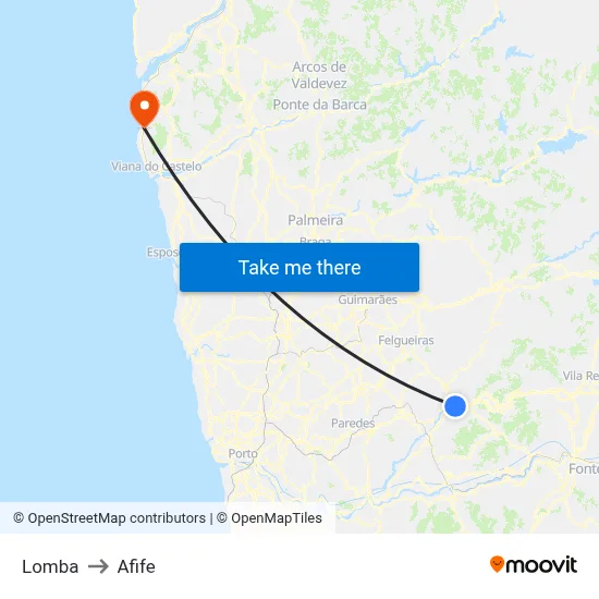 Lomba to Afife map