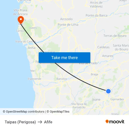 Taipas (Perigosa) to Afife map