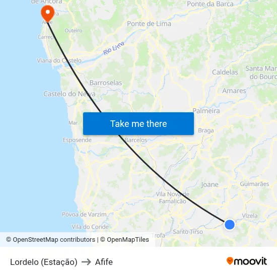 Lordelo (Estação) to Afife map