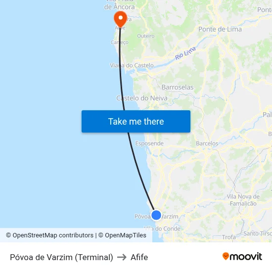 Póvoa de Varzim (Terminal) to Afife map