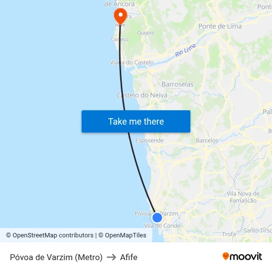 Póvoa de Varzim (Metro) to Afife map