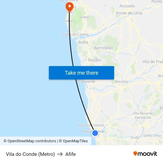 Vila do Conde (Metro) to Afife map