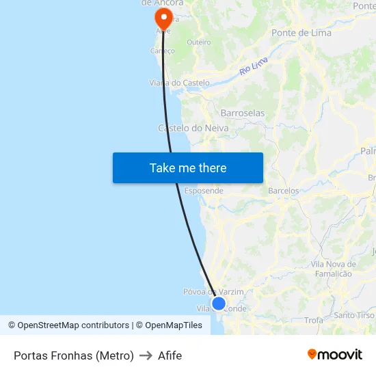 Portas Fronhas (Metro) to Afife map