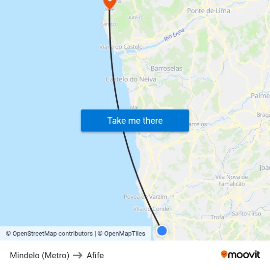 Mindelo (Metro) to Afife map