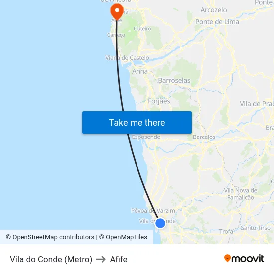 Vila do Conde (Metro) to Afife map