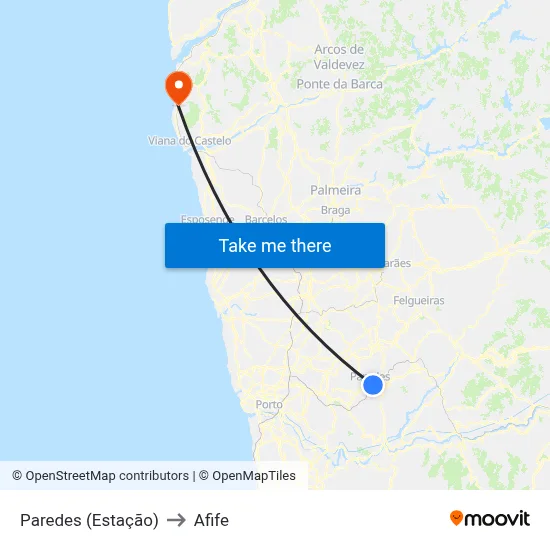 Paredes (Estação) to Afife map