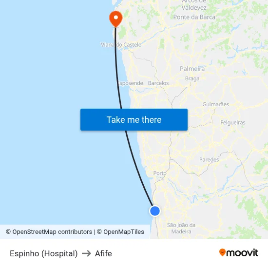 Espinho (Hospital) to Afife map
