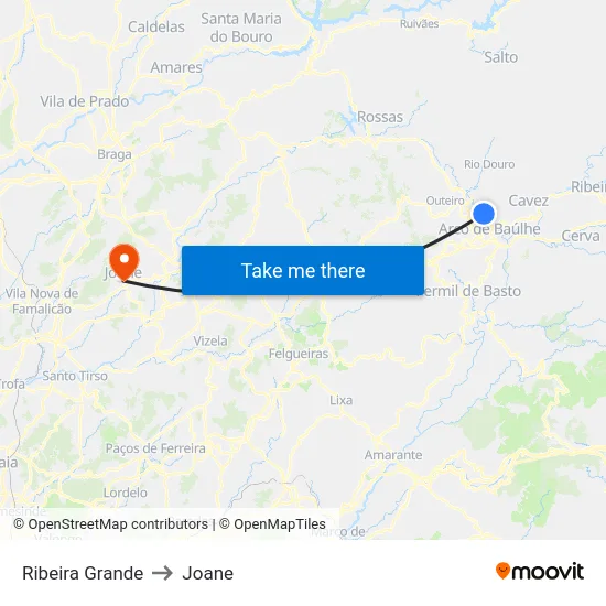 Ribeira Grande to Joane map