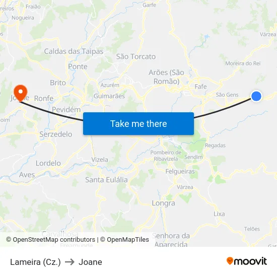 Lameira (Cz.) to Joane map