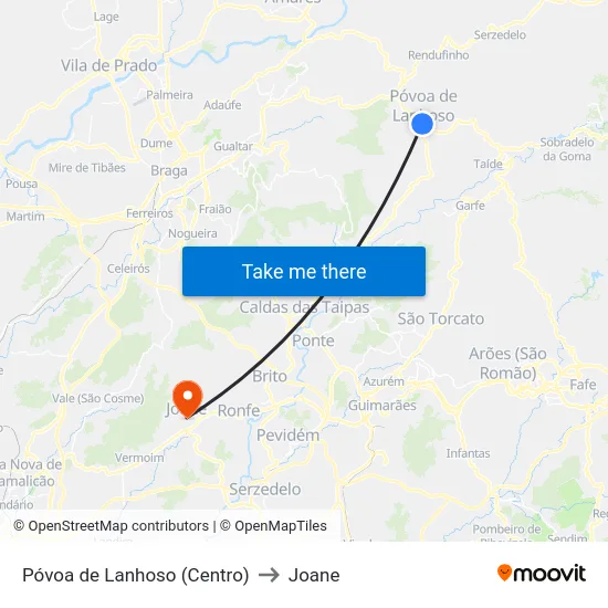 Póvoa de Lanhoso (Centro) to Joane map