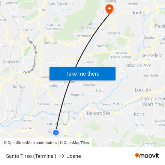 Santo Tirso (Terminal) to Joane map