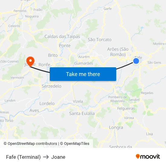 Fafe (Terminal) to Joane map